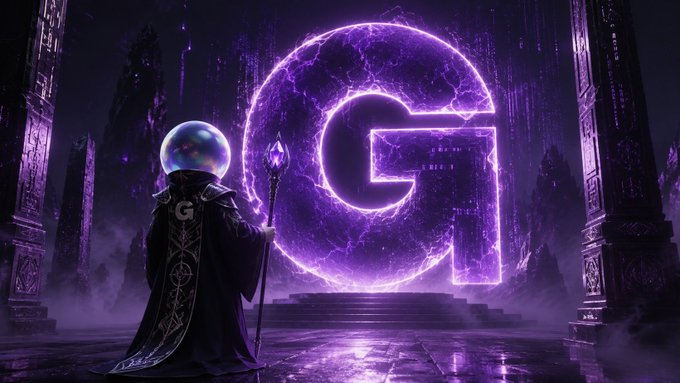 A mystical figure in dark robes with a glowing crystal ball and staff stands before a massive, crackling purple portal displaying the letter 'G', suggesting a theme of magical or AI-generated content.