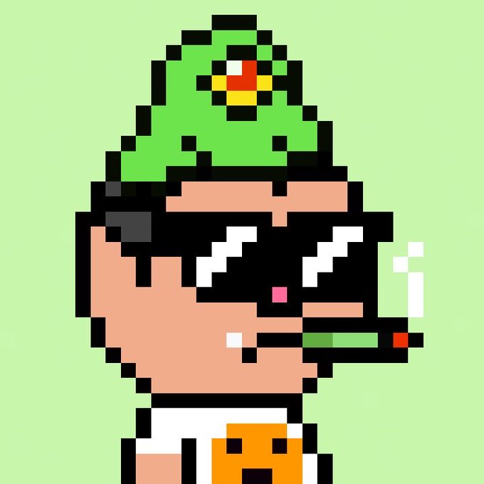 A chibi-style pixel art character wearing a green hat with a yellow star and sunglasses smokes a blunt while wearing a shirt with the Bitcoin "₿" logo, fitting the crypto/NFT giveaway vibe of the post promoting 50 whitelist spots for Pixelrebelhoods on Robinhood.