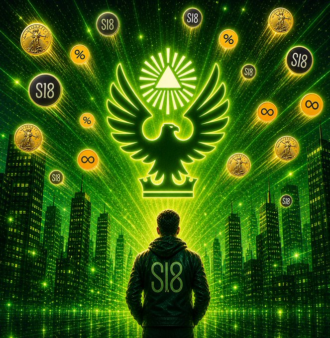 A person wearing a jacket with "S18" stands before a glowing green phoenix emblem with a triangle and crown, surrounded by coins and percentage/infinity symbols in a cityscape.
