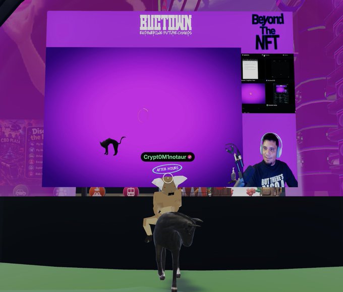 A virtual event scene in Decentraland features a purple screen displaying "AUCTION 7/13/25," "Beyond The NFT," and a "CryptoOMnotaur" player tag, with a man wearing headphones appearing via webcam and an avatar riding a horse in the foreground—connecting to the post about the live "Meverse" broadcast with SinfulMeatStick and a Beyond NFTs segment.