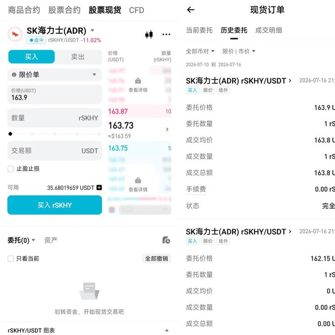 A Chinese cryptocurrency exchange interface showing SK Hynix (SK海力士 ADR) spot trading at 163.9 USDT with the rSKHY/USDT pair, displaying buy/sell options and historical order details.