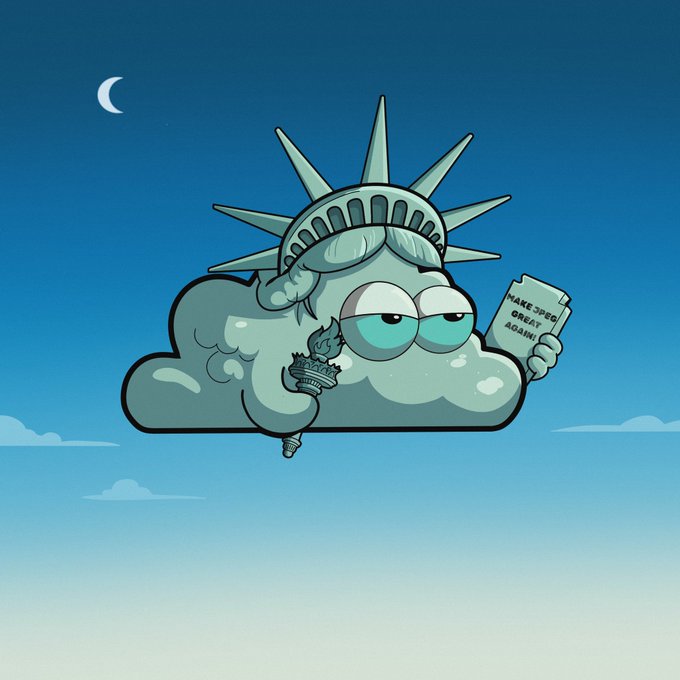 A cartoon illustration depicts a cloud wearing the Statue of Liberty's crown, holding a torch and a book that reads 'MAKE SPECIES GREAT AGAIN!' against a blue sky with a crescent moon.