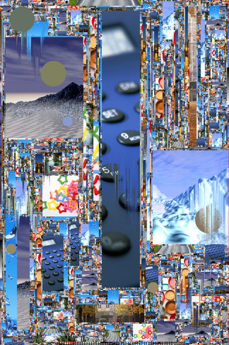 A complex mosaic or collage composed of numerous small images, featuring recurring themes of mountains, calculators with buttons, and blue sky tones.