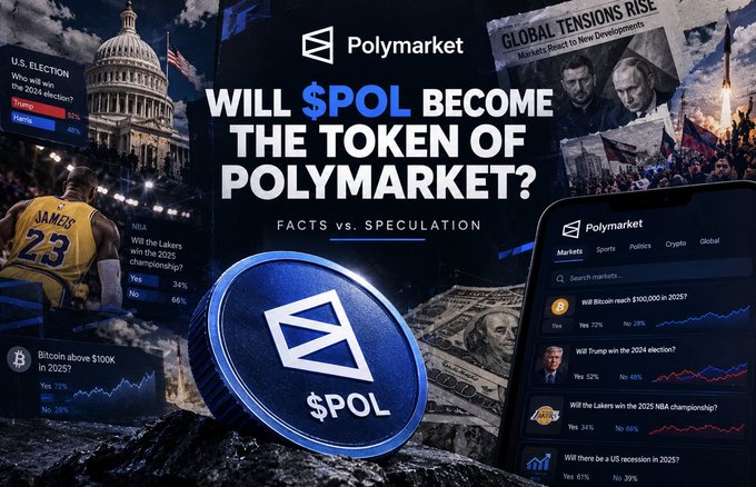 A Polymarket promotional image asks "WILL $POL BECOME THE TOKEN OF POLYMARKET? FACTS vs. SPECULATION," featuring a large $POL coin, news headlines, and screenshots of betting markets on a phone.