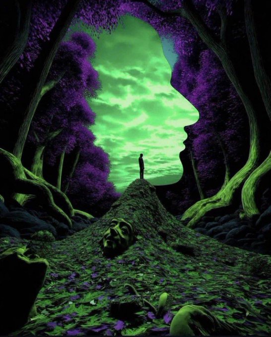 A solitary figure stands atop a mossy mound with a partially buried face, framed by purple foliage and a face-shaped opening revealing a green sky. The surreal, otherworldly scene of quiet mystery mirrors the cryptic, optimistic energy of the "gm let's make money today" greeting—a fresh start amid an enigmatic landscape.
