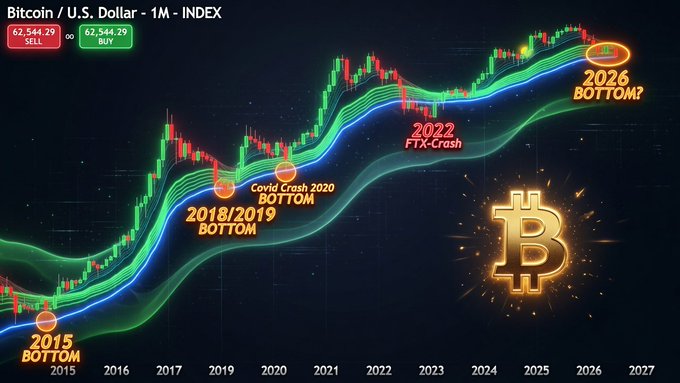 ?"The Bitcoin chart shows a downward trend, suggesting a crash or potential downturn", this text is placed below the Bitcoin logo which is a golden coin. It indicates that Bitcoin's value has been decreasing three times since the year 2005 according to the chart data.