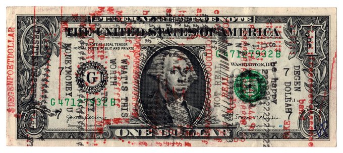 A worn, defaced one-dollar bill featuring George Washington, marked with red stamps and graffiti including text like "America Sux," "BFF," "Arepo," and "Nineteen."