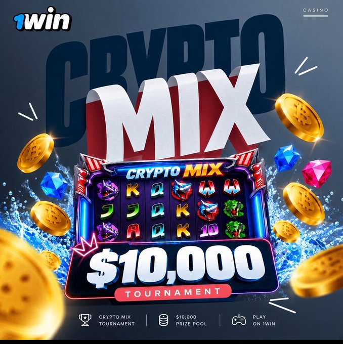 A promotional graphic for a 'CRYPTO MIX' $10,000 tournament on 1win Casino, featuring Bitcoin coins and slot machine imagery.