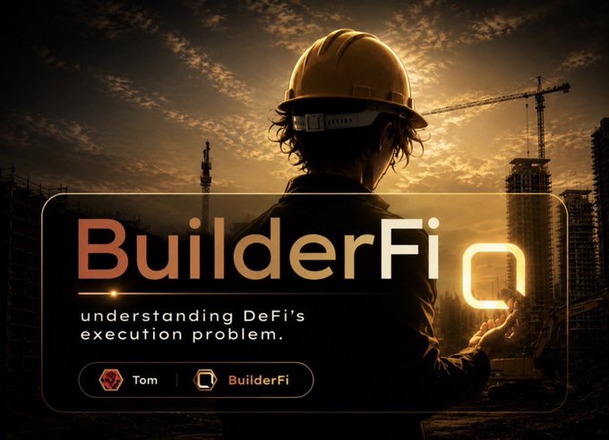 A construction worker in a hard hat faces a sunlit skyline of unfinished buildings and cranes, with a dark overlay reading "BuilderFi — understanding DeFi's execution problem" alongside tags for "Tom" and "BuilderFi." The image visually reinforces the post's theme by framing DeFi development as laborious building work, symbolizing the complex "construction" behind BuilderFi's mission to solve execution challenges in decentralized finance.