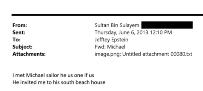 An email from Sultan Bin Sulayem to Jeffrey Epstein dated Thursday, June 6, 2013, with the subject 'Fwd: Michael' and text mentioning a meeting with 'Michael sailor' and an invitation to his 'south beach house.'