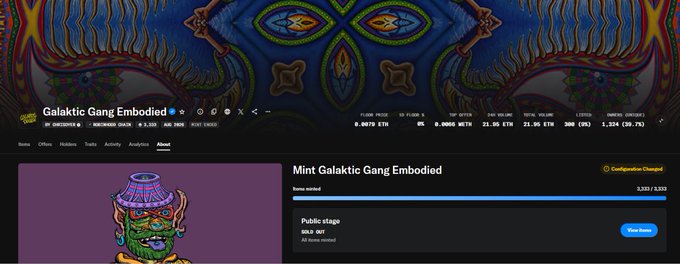 A screenshot of a Magic Eden NFT collection page for 'Galaktic Gang Embodied' by GMDEE2024, showing a sold-out public mint with floor price of 0.0679 ETH and 3,333 total items.