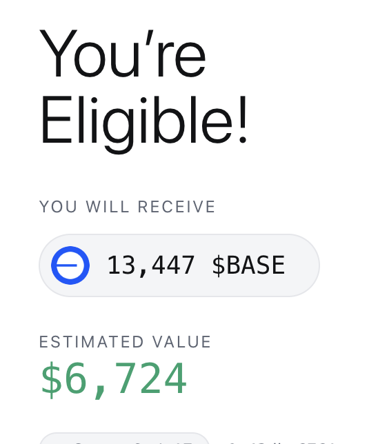 A screenshot displays "You're Eligible!" with a wallet showing an allocation of 13,447 $BASE tokens and an estimated value of $6,724, matching the post announcing the user's Base airdrop eligibility.