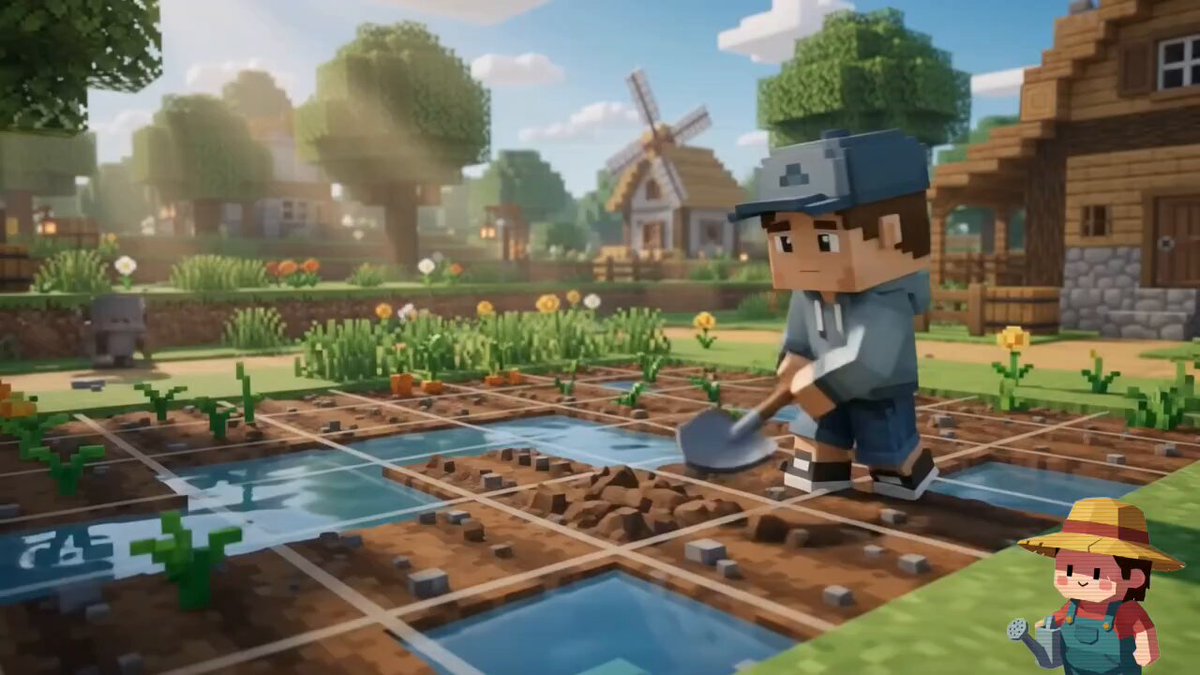 The image shows a man wearing a hat and working in a garden with a shovel. The scene also includes a small child standing nearby, possibly observing or assisting the man's work. In the background, there are houses and trees, suggesting that this is an agricultural setting. A warning message about a hospital appears on the post, indicating that the player should be cautious of their health while working in the game. This warning is relevant to the image because it implies that the player might need to manage their energy levels, hunger, and thirst effectively to avoid fainting or other health issues due to the demanding nature of farming tasks within the game.