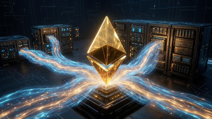 A futuristic 3D render of a glowing golden Ethereum logo surrounded by flowing blue energy streams and circuit-board-like server racks.