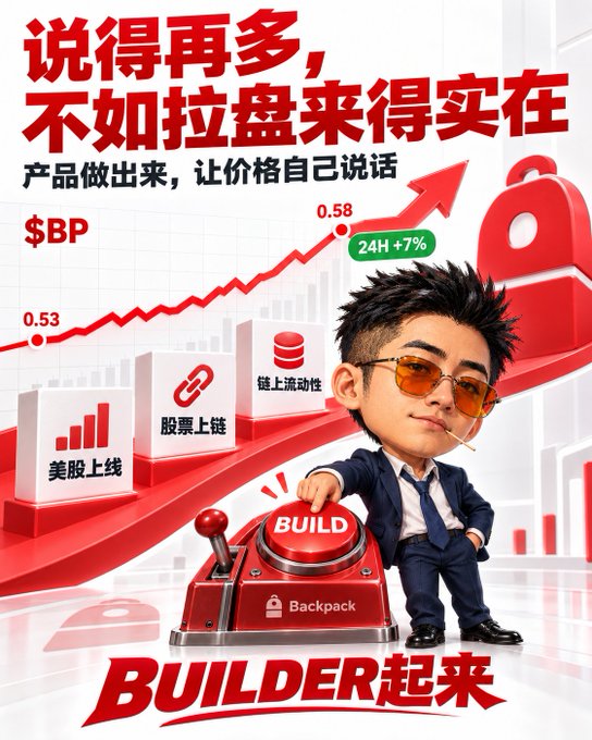 A promotional graphic featuring a cartoon man in a suit and orange glasses pressing a red 'BUILD' button, with Chinese text translating to 'Talking more is不如拉盘来得实在' (less practical than pumping the price) and 'BUILDER起来', highlighting stock on-chain features and a 24H +7% price increase.