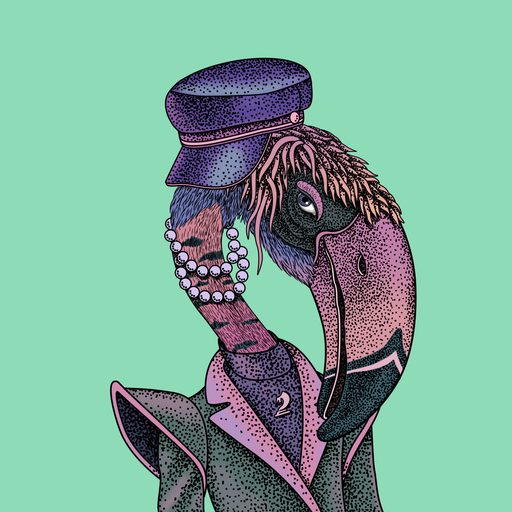 The image is a cartoon of a pink flamingo wearing a suit, hat, and necklace with beads attached to her neck while standing upright. It appears that she is either posing for a photo or just casually dressed. There are no visible texts or other objects in the image, which gives it a clean and simple look focused on the pink flamingo's attire.