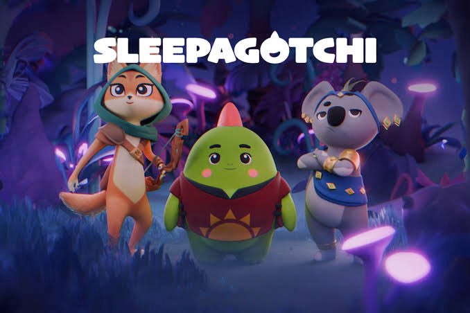 Promotional artwork for 'SLEEPAGOTCHI' featuring three characters—a fox, a green creature, and a koala—in a magical glowing forest.