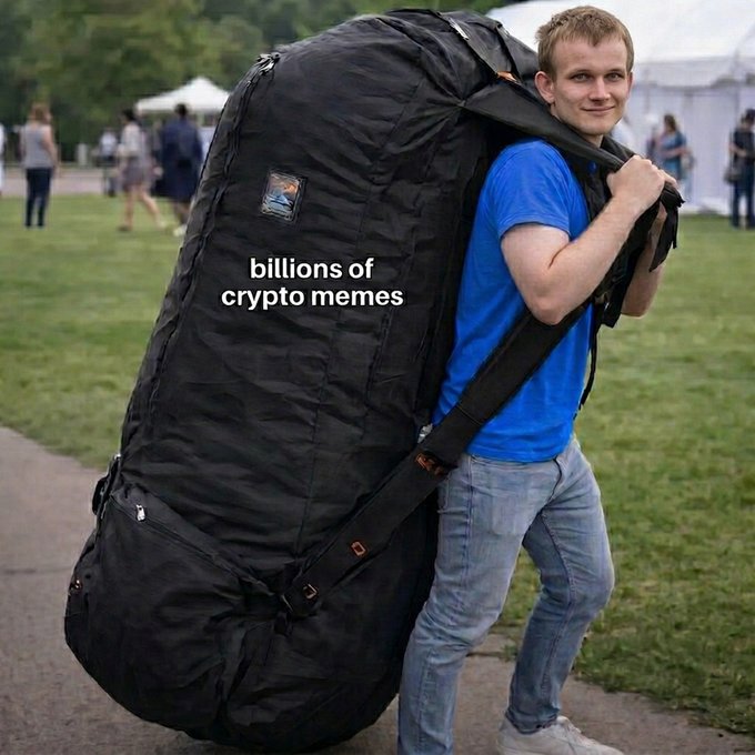 A smiling man in a blue shirt carries an oversized black duffel bag labeled "billions of crypto memes," humorously illustrating the post's caption about being "too bullish to leave behind."