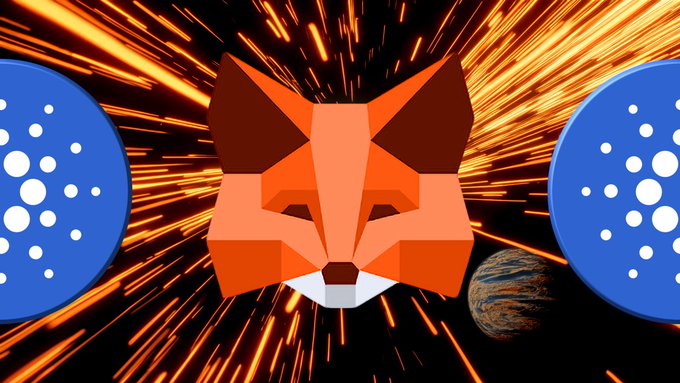 A stylized low-poly fox head (MetaMask's logo) is centered against a backdrop of orange streaks, flanked by two blue Cardano symbols and a small planet, visually symbolizing the announced collaboration between MetaMask and the Cardano ($ADA) blockchain.