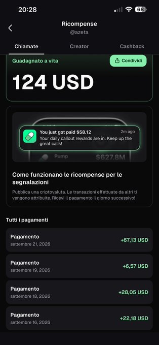 Mobile app screenshot of an Italian rewards interface (@azeta) showing lifetime earnings of 124 USD, including a notification 'You just got paid $58.12' and a payment history list with multiple Pagamento entries.