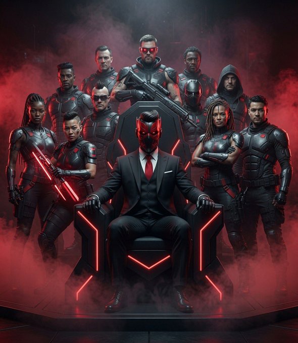A dramatic cinematic poster showing a masked figure in a suit seated on a glowing red throne, surrounded by a team of armed operatives in tactical gear with red-lit weapons against a dark, smoky red background.