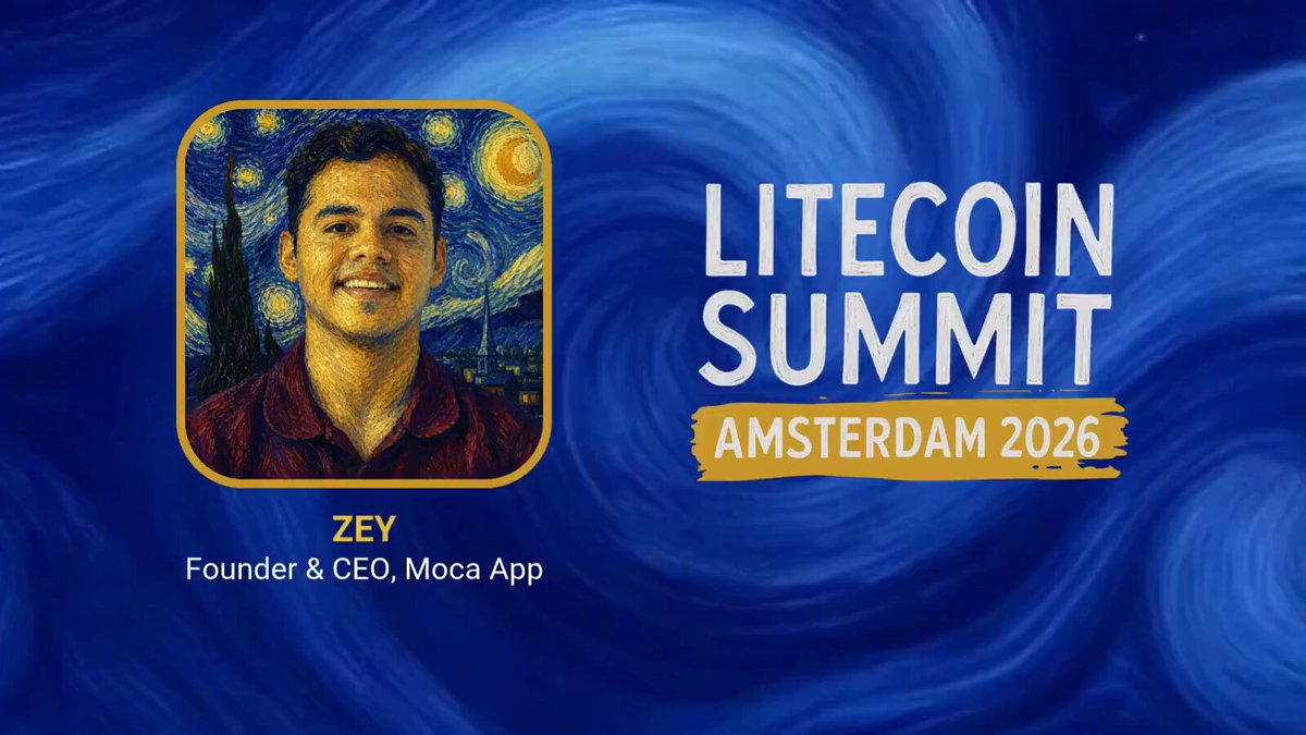 The image features a man with brown hair wearing a red shirt smiling at the camera. The background of the image is blue with white swirls, giving off an artistic vibe. The text "Litecoin Summit Amsterdam 2016" is written on the image in black letters. Below this, there's a description that reads: "Our founder @zeymermoca will be in Amsterdam for the @litecoin summit on June 22-23 It'S the Dutch Blockchain week so drop by, say hi, and learn how we're pushing $LTC payments into the real world".