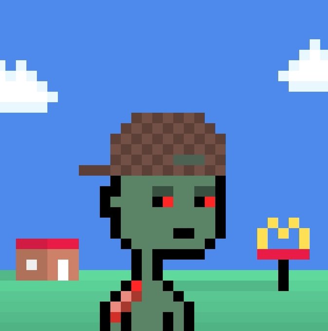 A pixel-art zombie wearing a brown checkered cap stands in a blocky landscape with a small red-roofed house and crown-topped sign, evoking the retro video game aesthetic suggested by the "mcbanger deluxe" post.