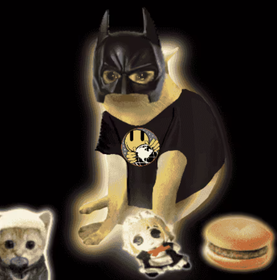 A surreal digital collage features a cat wearing a Batman mask and black t-shirt, surrounded by other images of a dog and a hamburger against a black background.