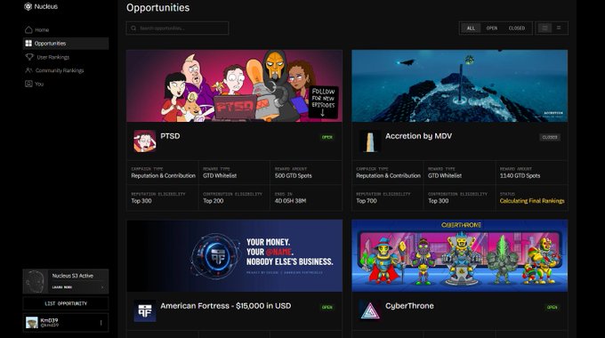 A screenshot of the Nucleus platform's Opportunities page, displaying various crypto and gaming campaigns like PTSD, Accretion by MDV, American Fortress ($15,000 in USD), and CyberThrone.