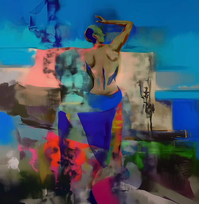 An abstract digital painting depicting a figure with their back turned against a vibrant blue background with colorful geometric and painterly elements.