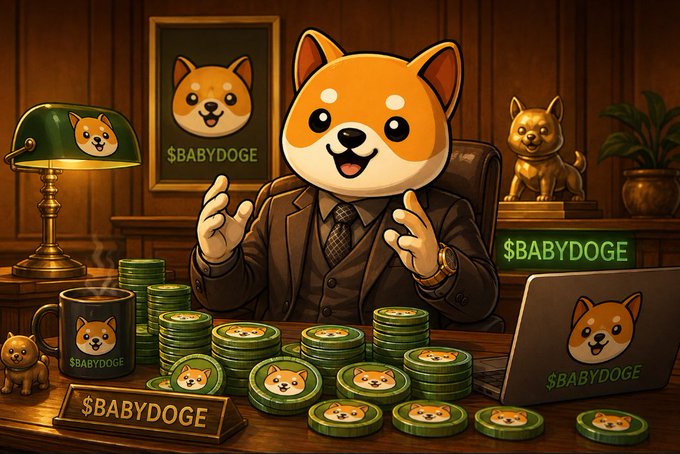 An AI-generated image featuring a Shiba Inu dog character dressed in a suit at a desk surrounded by stacks of coins branded with the BabyDoge logo and the text '$BABYDOGE'.