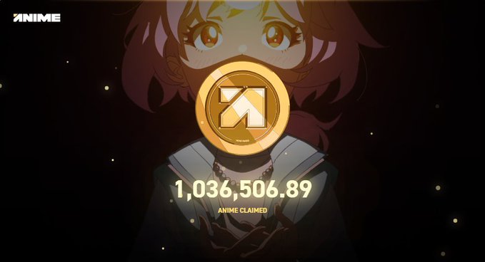 An anime-style character with pink hair and large eyes is displayed against a dark starry background, overlaid with a gold "A" logo and the number "1,036,506.89 ANIME CLAIMED." The image appears to represent the total ANIME tokens airdropped by the Azuki NFT project, visually addressing the post's sarcastic question about what amount of tokens would satisfy Azuki holders.