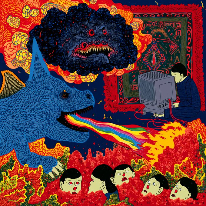 A surreal illustration featuring a blue horned creature breathing a rainbow of fire, a floating dark cloud monster with sharp teeth, a person interacting with an old computer monitor, and several heads emerging from a red fiery landscape below.