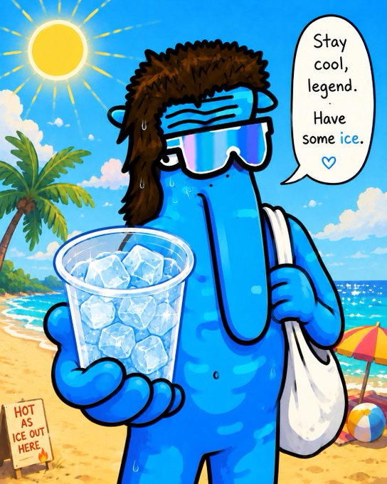 A blue cartoon character with shaggy hair and reflective sunglasses holds a cup of ice cubes at a sunny beach, sweating under the sun, with a speech bubble reading "Stay cool, legend. Have some ice. ♡" and a sign stating "HOT AS ICE OUT HERE." The post references "Patty Ice Bagworkers" (Patty Ice Bag holders) as a Binance term, while the image humorously delivers literal "ice" in the form of frozen cubes and a cold beverage to help the intern beat the heat.