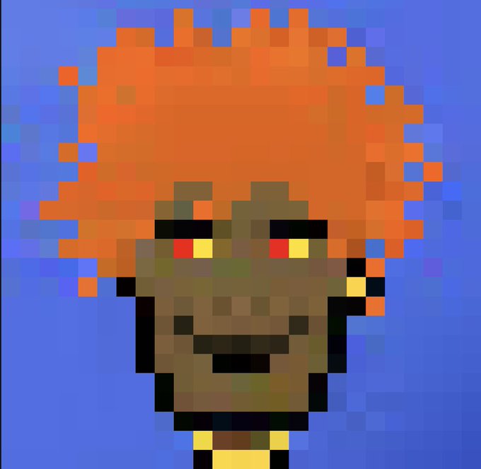 A low-resolution pixel art portrait of a figure with bright orange, blocky hair, glowing red and yellow eyes, and dark skin against a blue background.