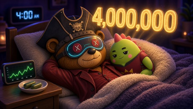 A cartoon teddy bear dressed as a pirate with a sleep mask lies in bed alongside a green dragon plushie, with glowing yellow text reading '4,000,000' and a clock showing '4:00 AM'.