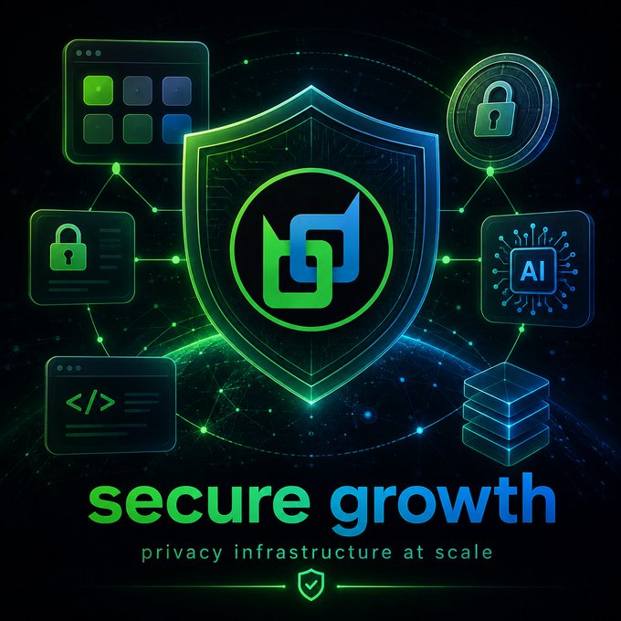 Promotional graphic featuring a central shield with a stylized logo, surrounded by icons representing apps, locks, AI, code, and data servers, with the tagline 'secure growth privacy infrastructure at scale'.