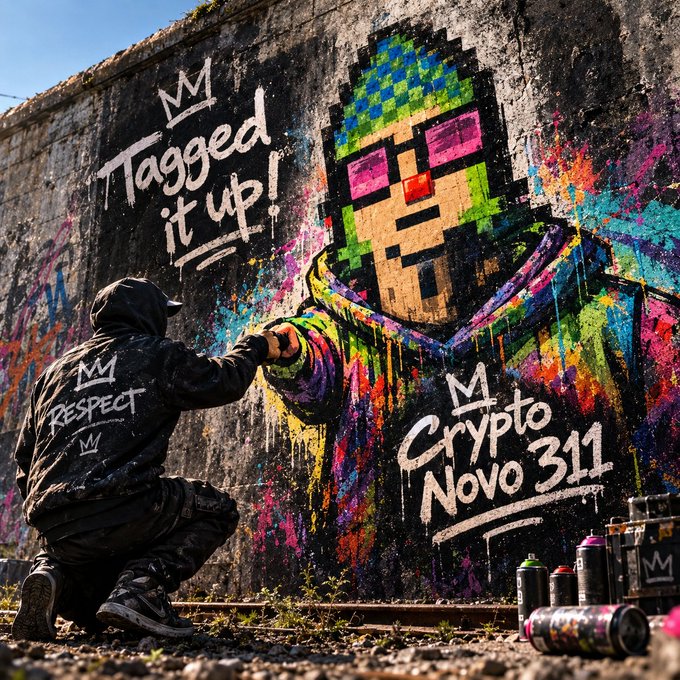 A street art mural featuring a pixelated character with sunglasses on a concrete wall, being painted by an artist in black clothing; the mural includes the text "Tagged it up!" and "Crypto Novo 311".