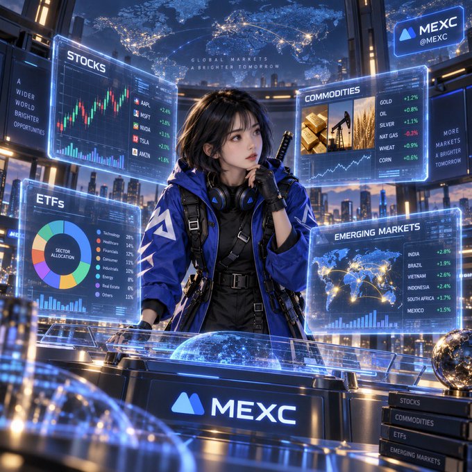 An anime-style promotional image for MEXC featuring a woman in a blue jacket surrounded by futuristic financial dashboards displaying 'STOCKS' (AAPL +2.4%, MSFT +1.8%, NVDA +3.1%, TSLA +2.0%, AMZN -1.6%), 'COMMODITIES' (Gold +1.2%, Oil -0.8%, Silver +1.1%, Nat Gas -0.3%, Wheat -0.9%, Corn +0.6%), 'ETFs', and 'EMERGING MARKETS' (India +2.8%, Brazil +1.9%, Vietnam +2.6%, Indonesia +2.4%, South Africa +1.7%, Mexico +1.5%).