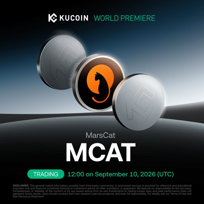 A KuCoin World Premiere listing announcement graphic featuring MarsCat ($MCAT) token coins, with trading scheduled for 12:00 UTC on September 10, 2026. The promotional image showcases the silver tokens with an orange cat logo, matching the post's announcement of MCAT's debut on the KuCoin exchange.