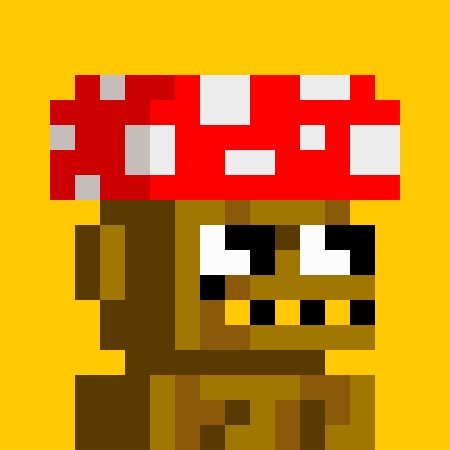 A pixel art mushroom character with a red and white spotted cap and a face with buck teeth, set against a yellow background.