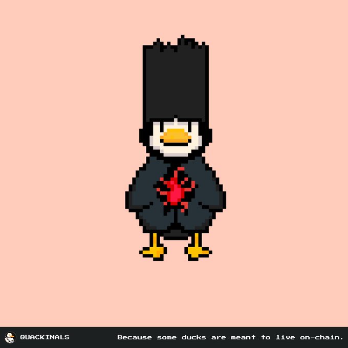 A pixel art image shows a duck character with a black hat and dark clothing, with text at the bottom reading 'QUACKINALS' and 'Because some ducks are meant to live on-chain.'