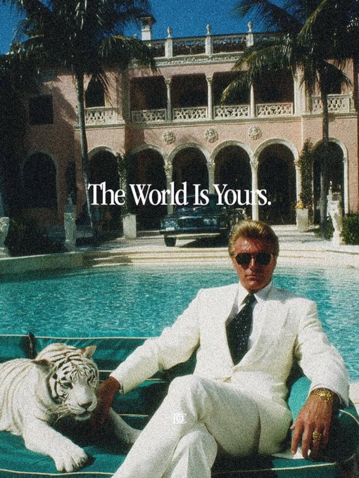 A man in a white suit with a white tiger sits by a pool in front of a Mediterranean-style villa, with the text 'The World Is Yours.' overlaid.