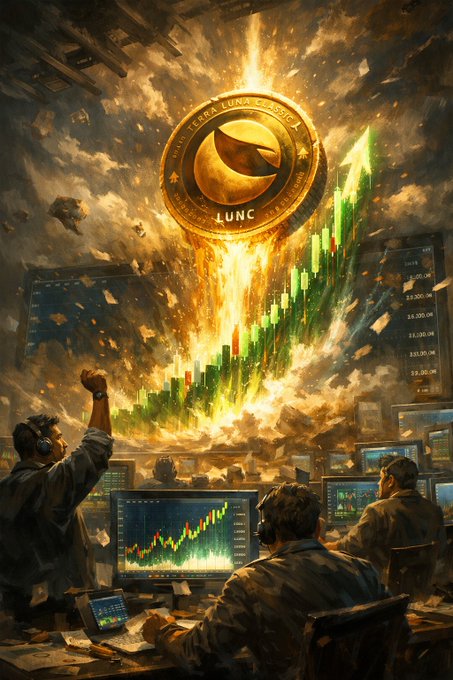 A dramatic digital artwork depicting traders at computer monitors watching explosive green stock charts, with a golden coin labeled 'LUNC' (Terra Luna Classic) bursting through fiery clouds above them.