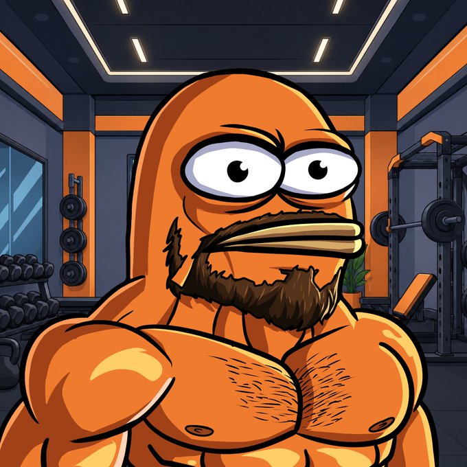 A cartoon illustration of a muscular orange character with a brown beard, intense eyes, and bare chest standing in a gym with weight equipment in the background.