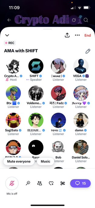 The screenshot shows a Twitter Space titled "AMA with SHIFT" featuring Host "Crypto Adi" and Speakers including SHIFT, MUAZ, and VEGA, with 15 participants listening. The accompanying post appears to be referencing this AMA session, asking attendees to share their USDT (ERC20) wallet addresses with screenshots—likely to receive rewards or airdrops from the SHIFT project.