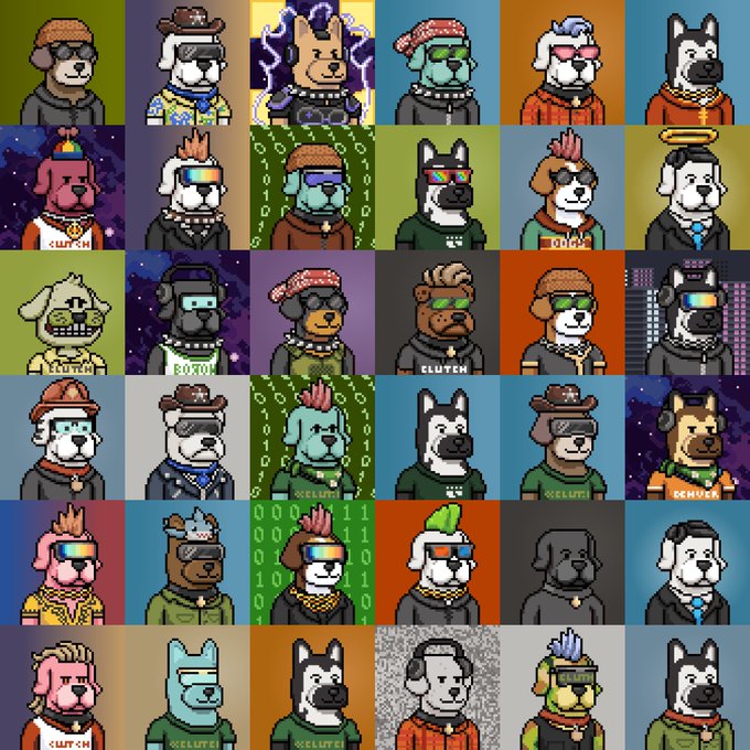A grid of various pixel art dog characters wearing different accessories like sunglasses, hats, and hoodies.
