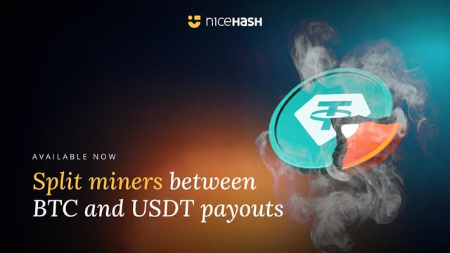 The image features a coin with a green top and a red bottom, which appears to be a Bitcoin or Ethereum token. The text "Split miners between Btc and USDT payouts" is written below the coin design. This suggests that the image might be related to an advertisement for cryptocurrency mining services, promoting the idea of splitting miners between different cryptocurrencies like Bitcoin and USDT (ether).