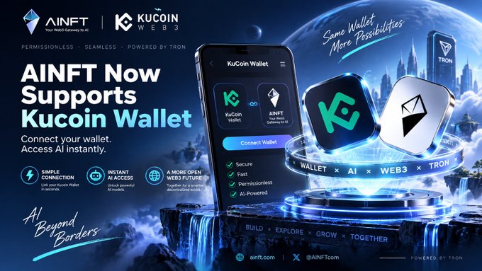 The image is a promotional graphic announcing that **AINFT now supports KuCoin Wallet**, allowing users to connect their wallet to access AI features instantly. Key text includes "AINFT Now Supports KuCoin Wallet," "Connect your wallet. Access AI instantly," along with icons highlighting "Simple Connection," "Instant AI Access," and "A More Open Web3 Future," plus tags like "Wallet × AI × Web3 × Tron" and "Powered by TRON." 

However, the image does not appear related to the post about **WINkLink IoT Oracle bringing farm data onchain via TRON smart contracts**—the graphic focuses on an AI/Web3 wallet integration rather than agricultural IoT or oracle services.