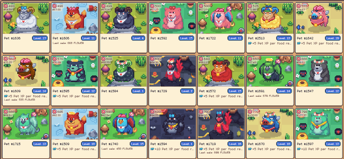 Grid of 18 colorful cartoon animal character NFTs (cats, bears, and other creatures) at various levels with prices in PET tokens.